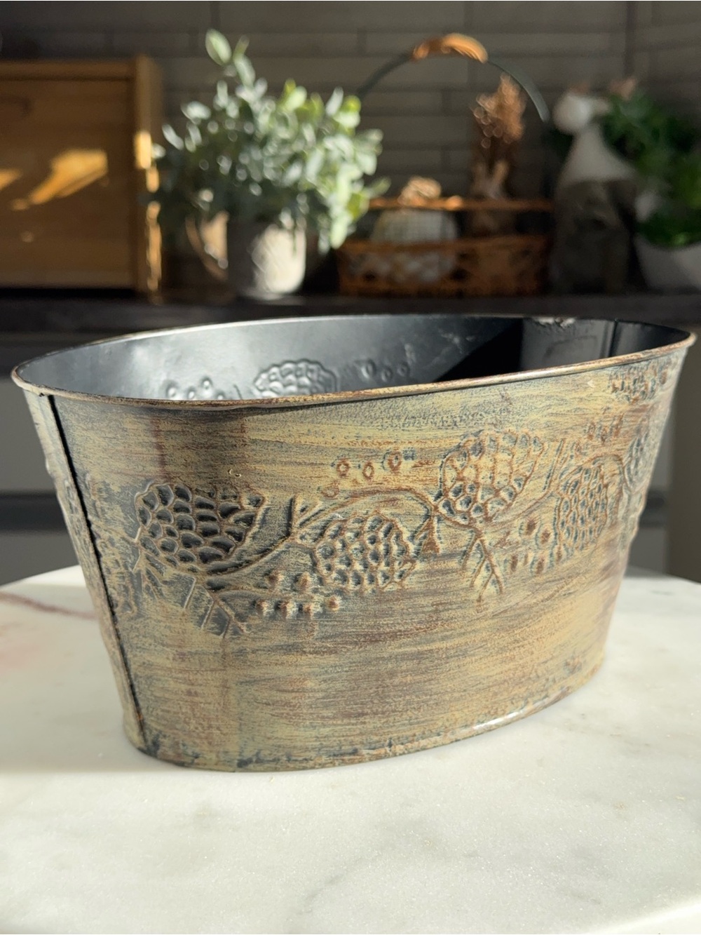 Rustic Embossed Metal Floral Planter Bucket